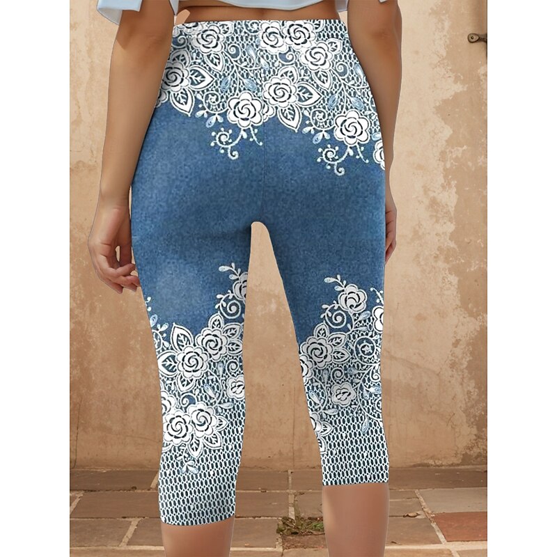 Women's Leggings Capri Pants 3D Print High Elasticity Vacation Vintage Fashion Calf-Length High Waist Floral Graphic Geometric Breathable Soft Stretchy Formal Vacation Office Robin's Egg Blue2