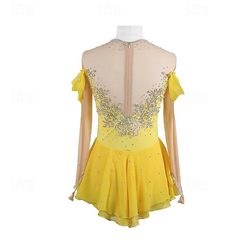 Figure Skating Dress Women's Girls' Ice Skating Dress Yellow Patchwork Thumbhole Mesh Spandex Stretchy Training Practice Professional Skating Wear Thermal Warm Crystal / Rhinestone Long Sleeve Ice3