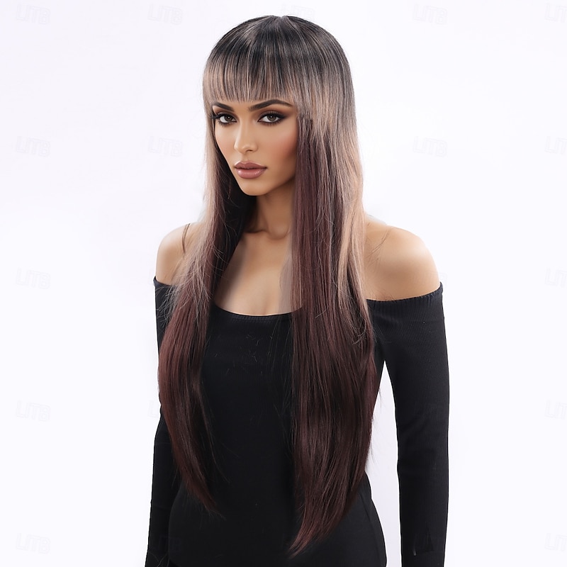 Synthetic Wig kinky Straight Natural Straight Layered Haircut With Bangs Machine Made Wig 28 inch A1 Synthetic Hair Women's Classic Comfortable Color Gradient Brown3