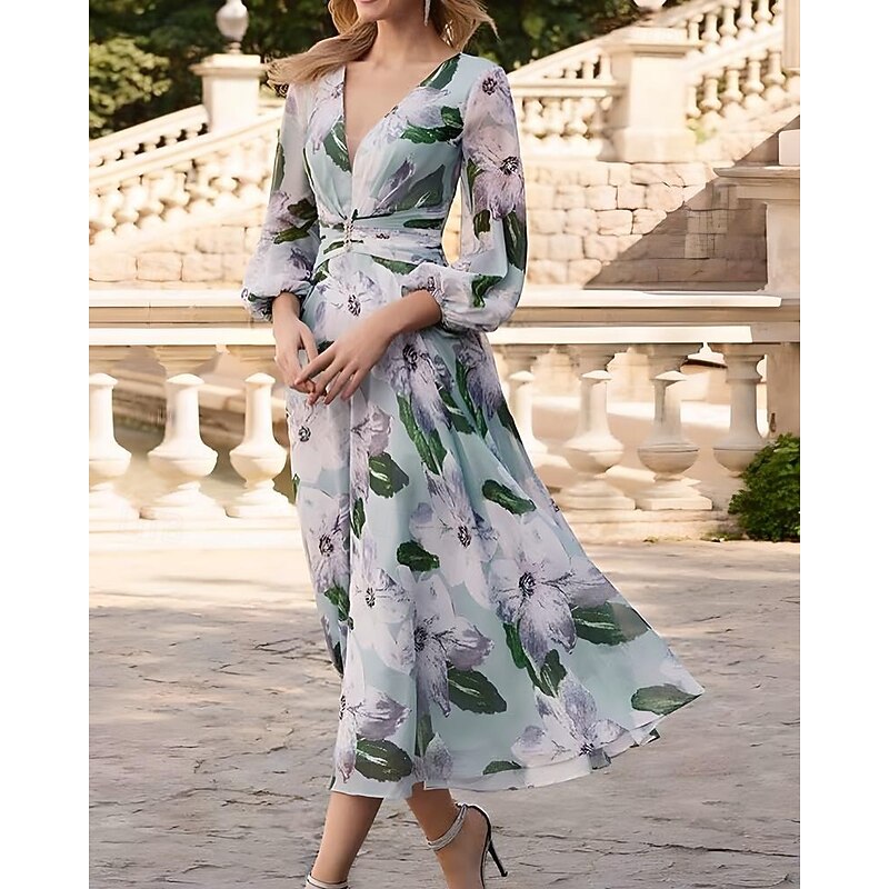 A-Line Dress Mother of the Bride Dress Floral Print Elegant Vintage V Neck Ankle Length Chiffon 3/4 Length Bubble Sleeve with Ruching Details Race Day Dress Wedding Guest Dress