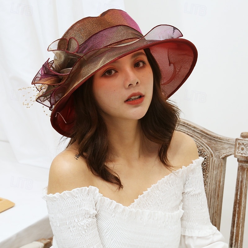 Hats Organza Sun Hat Wedding Beach Elegant Vintage Sun Protection With Floral Headpiece Headwear3