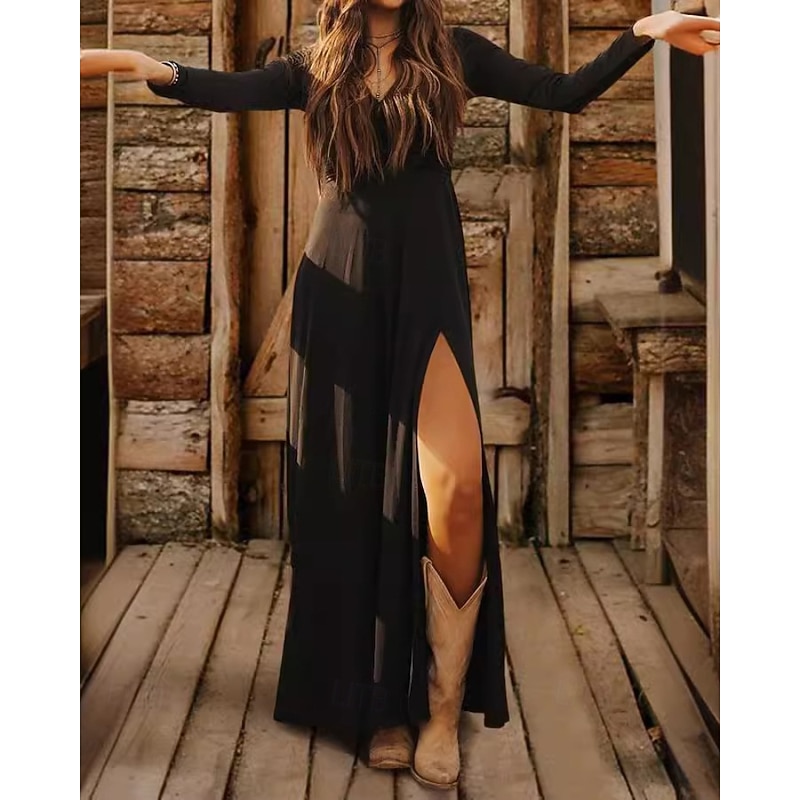 Women's Long Dress Maxi Dress Casual Dress Classic Modern Outdoor Vacation Holiday Regular Fit Plain Long Sleeve V Neck Black Summer