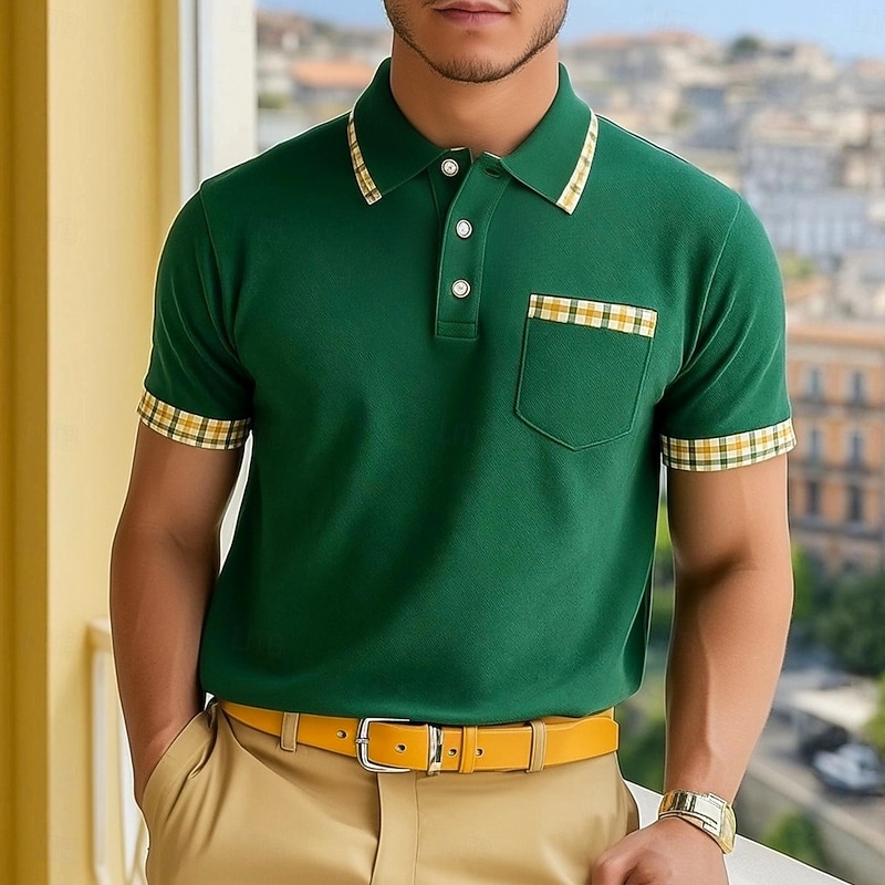 Men's Polo Golf Shirt Vacation Casual Lapel Short Sleeve Fashion Muscle Plaid Patchwork Pocket Summer Spring Green Polo