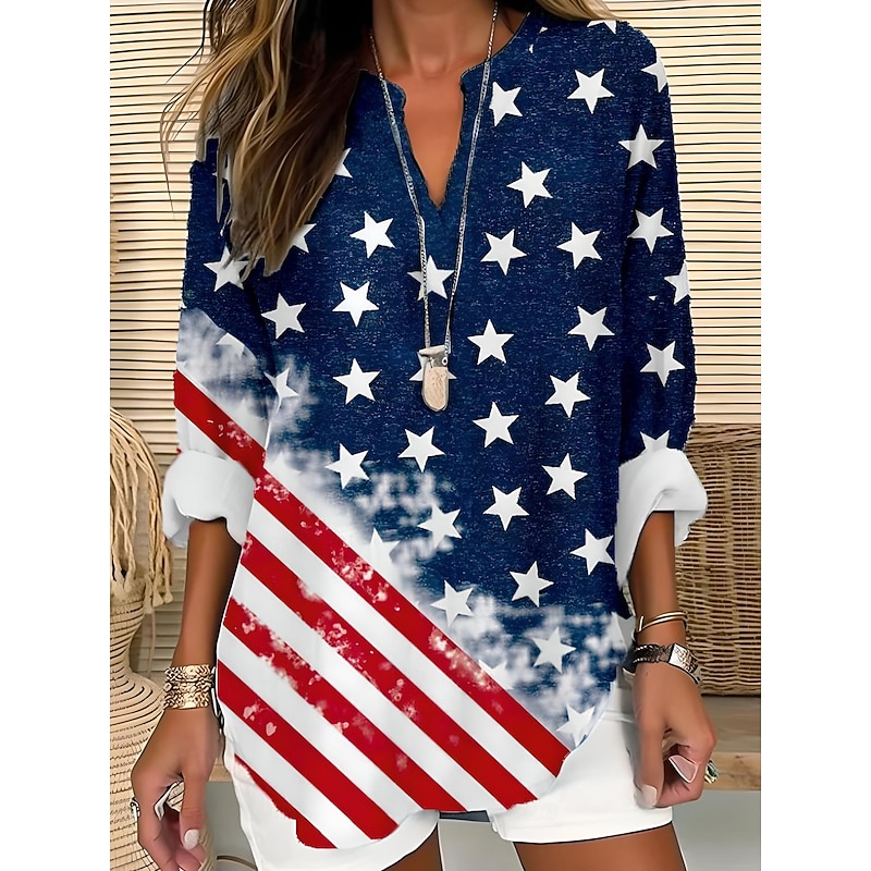 Women's Blouse Tunic V Neck Long Sleeve Boho Casual Patriotic Flag Red White And Blue Short Sleeve Regular Tops Daily Print Red Light Brown Blue2