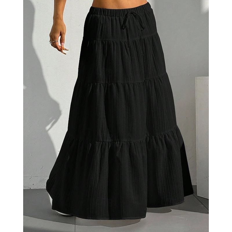 Women's Skirt Swing Fashion Maxi Mid Rise Skirts Plain Ruched Drawstring Micro-elastic Vacation Going out Black White Red Brown Summer Polyester4