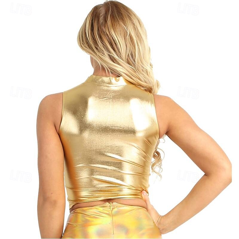 Retro Vintage 1980s Rave Crop Top Disco Shiny Latex Patent Metallic Bodycon Fancy Dress Women's Halloween Carnival Music Festival Pride Parade Pride Month Top Summer3