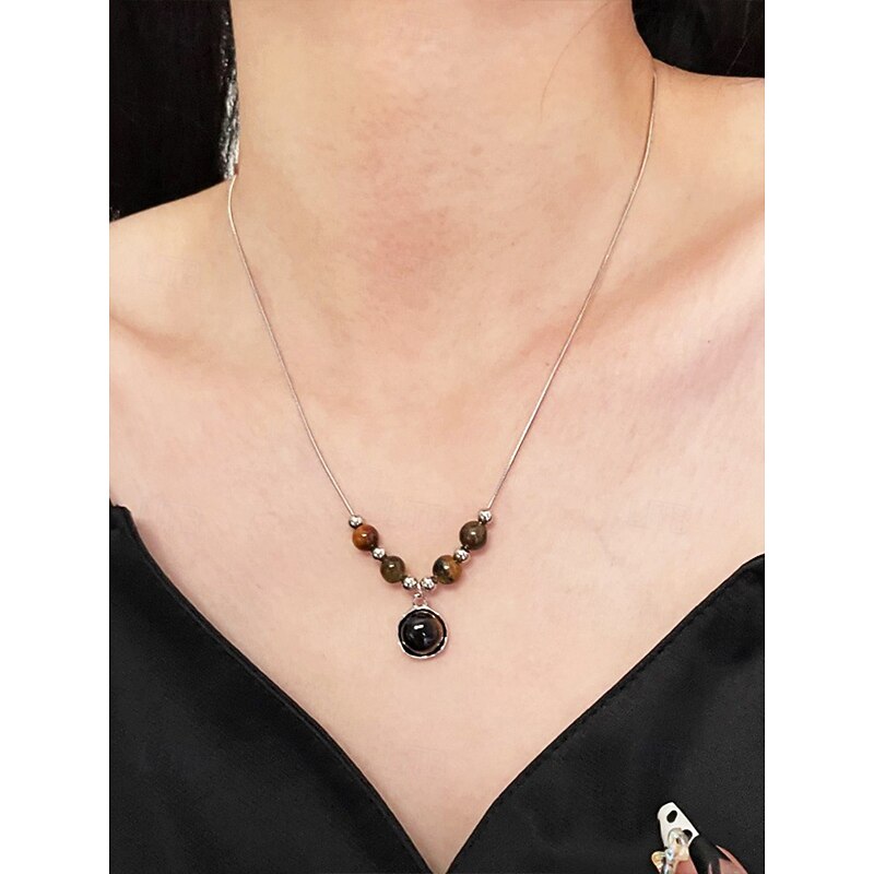 Women's Bohemian style double layer tiger eye stone pendant necklace set, Natural stone material, Suitable for casual, Daily and party wear4