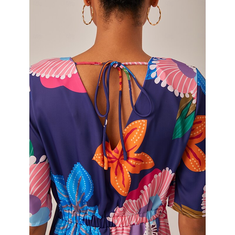 Women's Satin Mini Dress V Neck Half Sleeve Floral Print Straight Fit Slimming Elastic Back Casual Daily Elegant Vacation Dress2