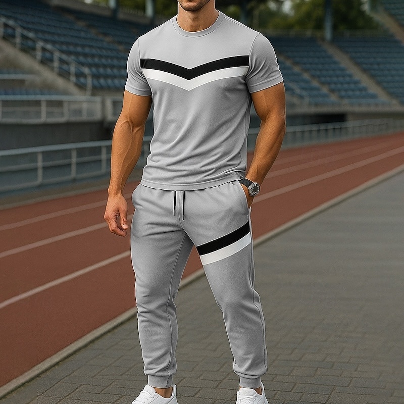 Men's T-shirt Suits Shirt and Pant Sets 2 Pieces Outfits Short Sleeve Crewneck Summer Color Block Fashion Casual Patchwork 2 Piece Vacation Daily Wear Going out Black Gray Top Tee for Men