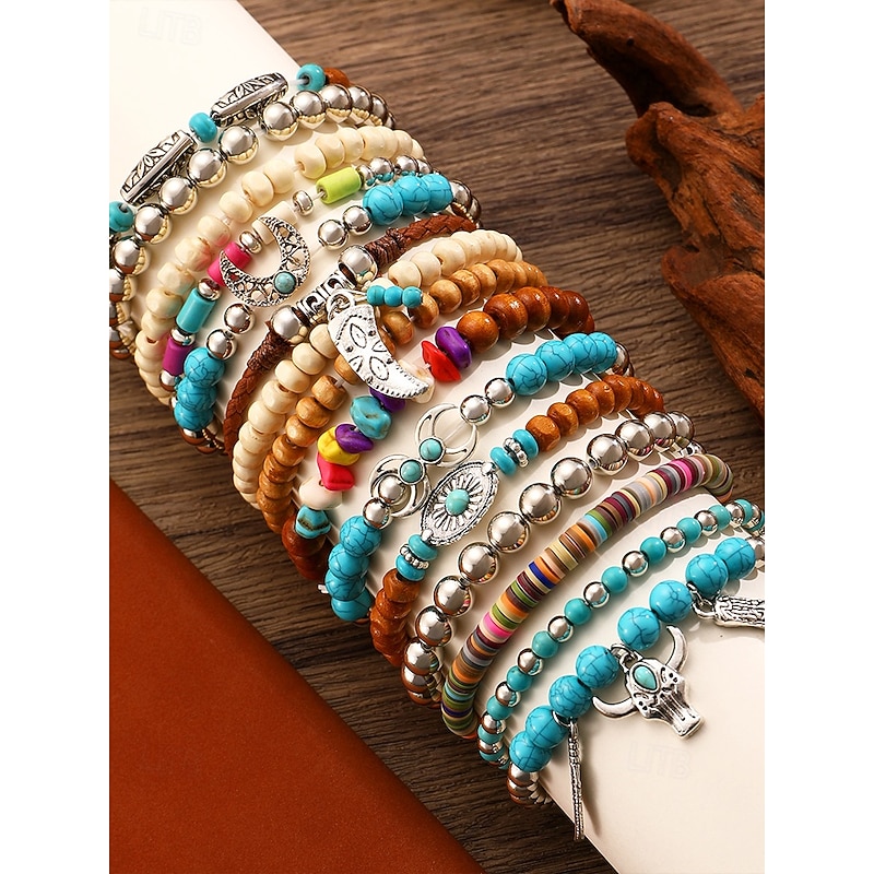 Women's Boho Western Charm Beaded Bracelet Set – Multilayer Stretch Stack with Turquoise, Wood Beads & Cowboy Boot, Feather, Bull Skull Charms – Festival, Casual & Gift Jewelry3