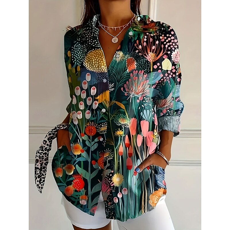 Women's Shirt Button Down Tunic Shirt Collar Long Sleeve Graphic Geometric Striped Daily Stylish Casual Regular Tops Work Daily s Print White Blue Brown Green Spring4