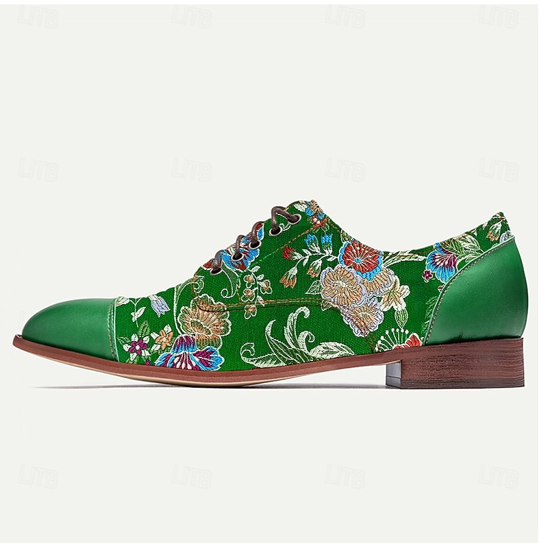 Men's Shoes Green Jacquard Fabric Lace-Up Shoes with Floral Embroidery and Classic Design for Casual and Semi-Formal Occasions3