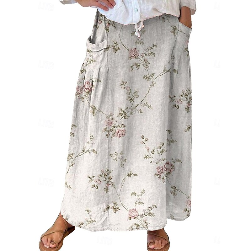 Women's Skirt A Line Bohemia Vintage Casual Maxi High Waist Skirts Floral Pocket Print Micro-elastic Street Daily White Blue Green Gray Summer Polyester Cotton Blend4