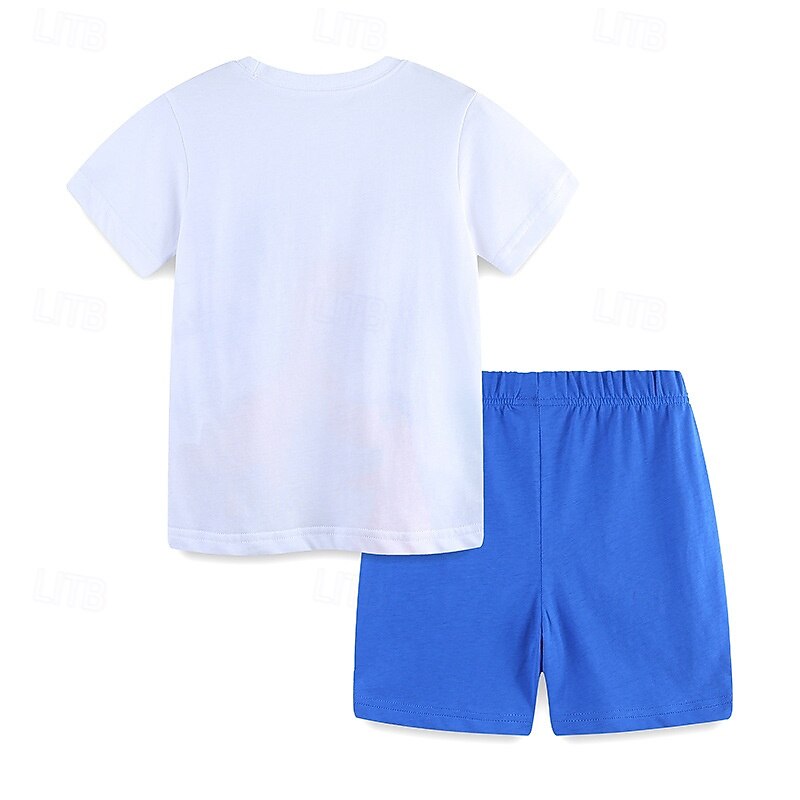 2 Pieces Kids Boys Suit T-shirt & Shorts Outfit Cartoon Short Sleeve Crewneck Set Outdoor Fashion Basic Summer 4 years+ Blue3