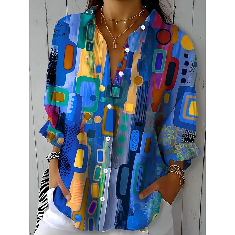 Women's Shirt Button Down Tunic Shirt Collar Long Sleeve Graphic Geometric Daily Stylish Casual Regular Tops Work Daily s Print Blue Green Spring