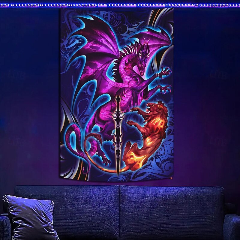 Ruth Thompson Blacklight Tapestry Glow in the Dark Glow Party UV Reactive Trippy Misty Hanging Tapestry Wall Art Mural for Living Room Bedroom Dragonblade Lionblade HI REZ2