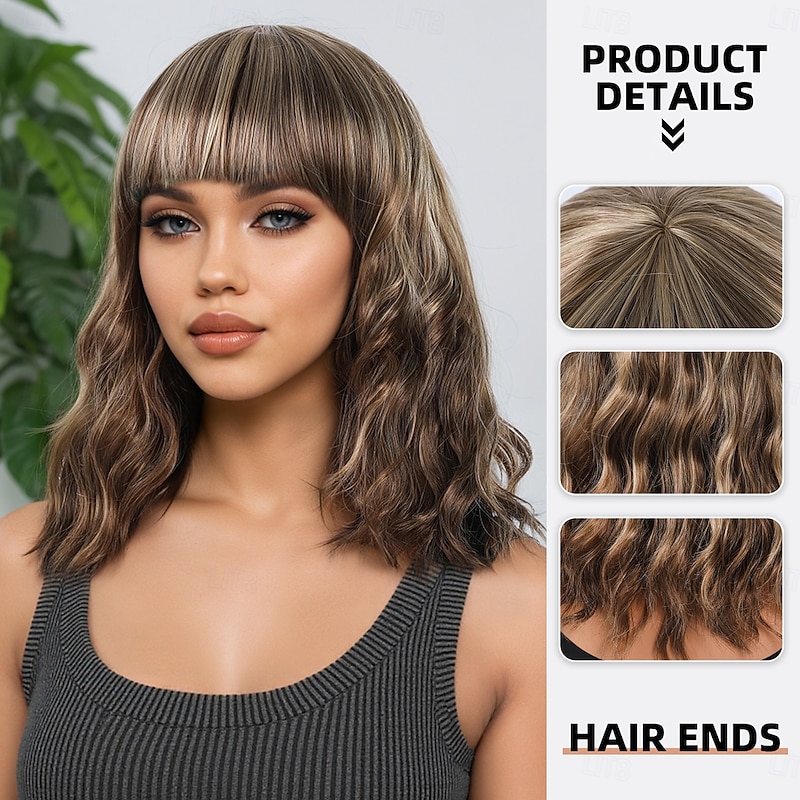 Synthetic Wig Water Wave Curly Weave Asymmetrical Neat Bang Machine Made Wig 12 inch A1 Synthetic Hair Women's Soft Party Classic Blonde2