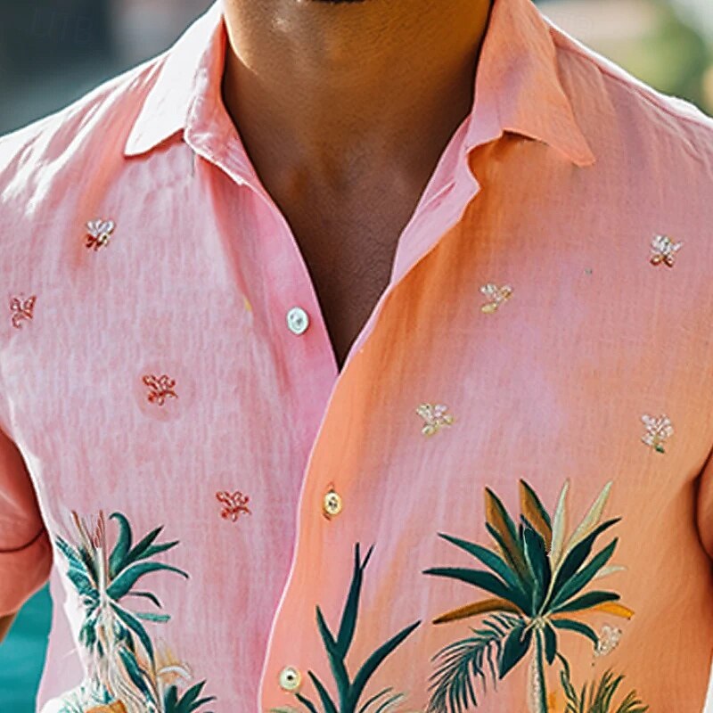 Men's Linen Shirt Summer Shirt Beach Wear Button Up Shirt Palm Tree Vacation Holiday Pink Short Sleeve Turndown Summer Spring Clothing Apparel2