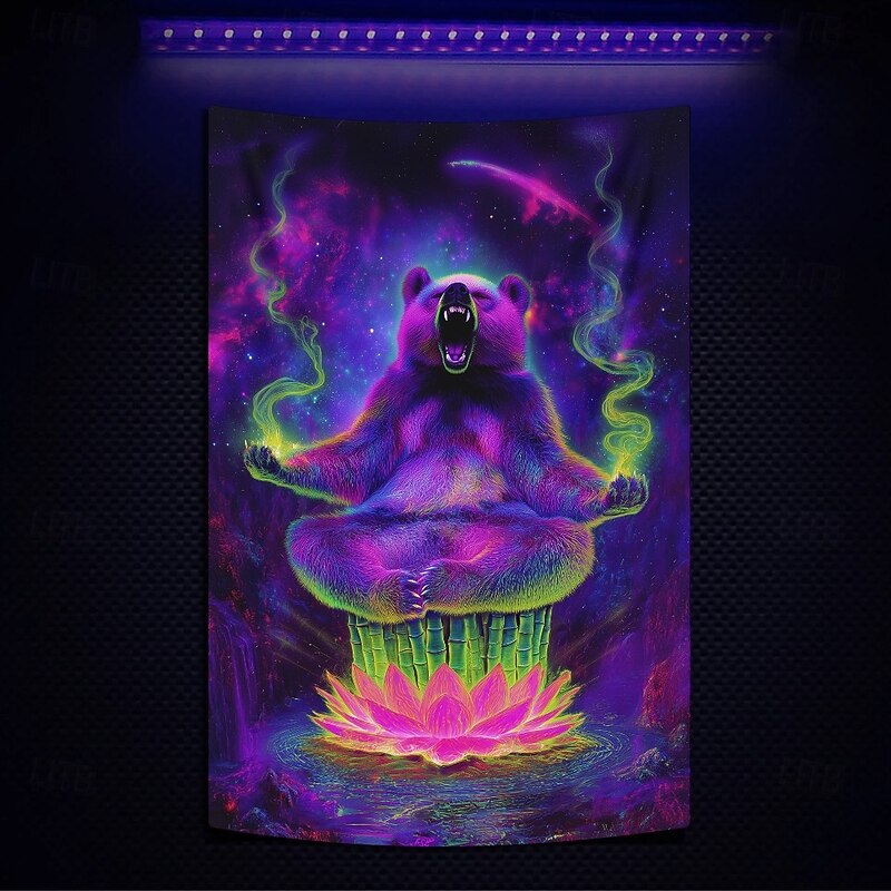 Blacklight Tapestry Glow in the Dark Glow Party UV Reactive Meditation Bear Animal Trippy Misty Hanging Tapestry Wall Art Mural for Living Room Bedroom2