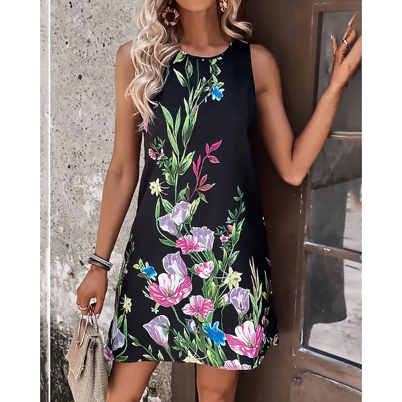 Women's Mini Dress Floral Dress Boho Dress Classic Modern Vacation Daily Holiday Regular Fit Flower Sleeveless Crew Neck Black Blue Green Dark Blue Summer