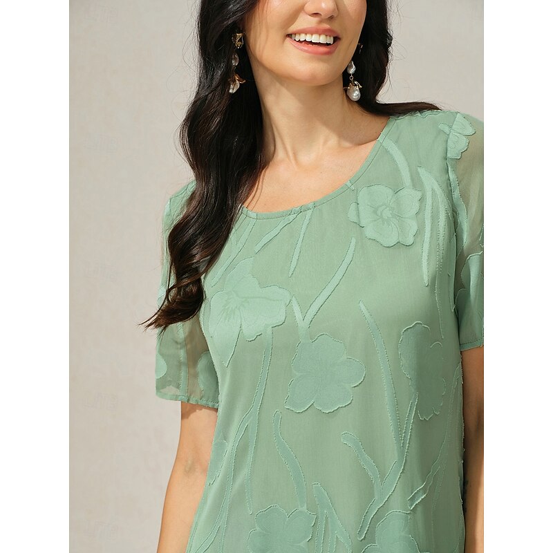 Women's Knee Length Dress Chiffon Dress Elegant Casual Loose Fit Floral Short Sleeve Crew Neck Sage Green Summer2