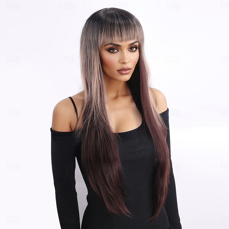Synthetic Wig kinky Straight Natural Straight Layered Haircut With Bangs Machine Made Wig 28 inch A1 Synthetic Hair Women's Classic Comfortable Color Gradient Brown4