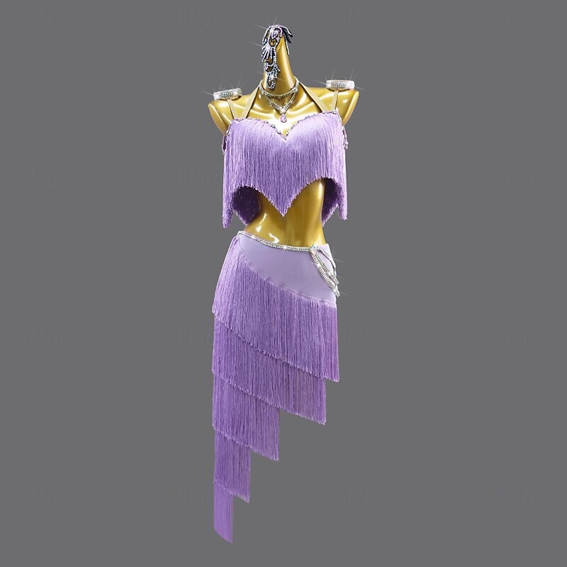 Latin Salsa Dance Dress Crystal / Rhinestone Tassel Splicing Women's Performance Party Sleeveless Spandex