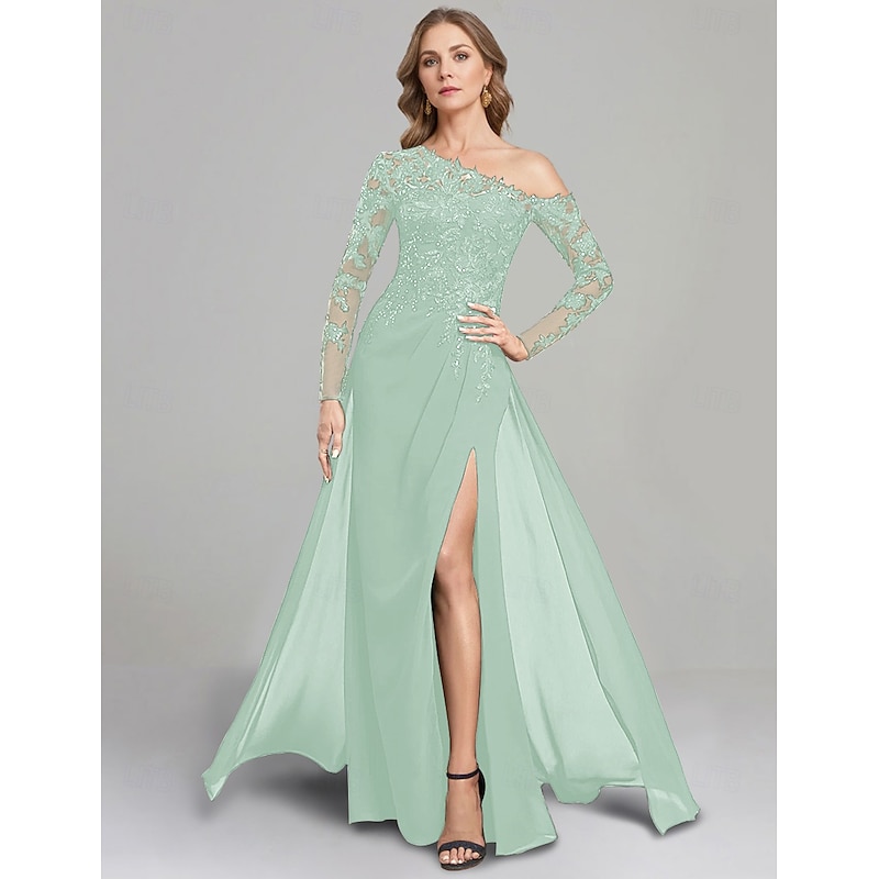 Sheath Dress Mother of the Bride Dress Formal Elegant One Shoulder Floor Length Chiffon Long Sleeve with Lace Solid Color2