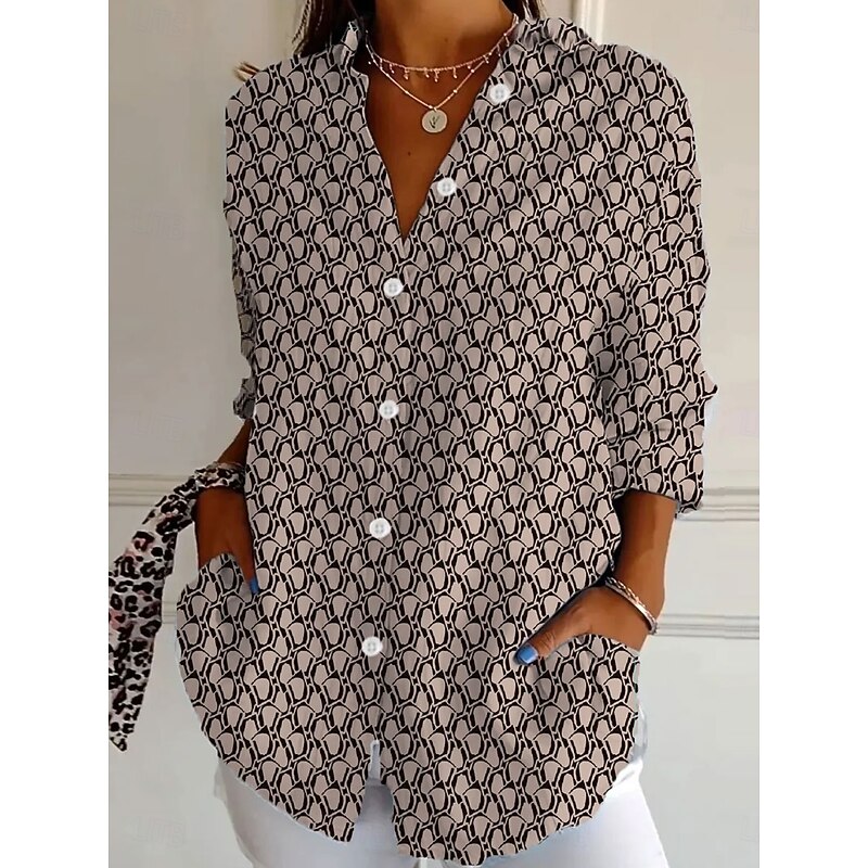 Women's Shirt Button Down Tunic Shirt Collar Long Sleeve Graphic Geometric Striped Daily Stylish Casual Regular Tops Work Daily s Print White Blue Brown Green Spring3