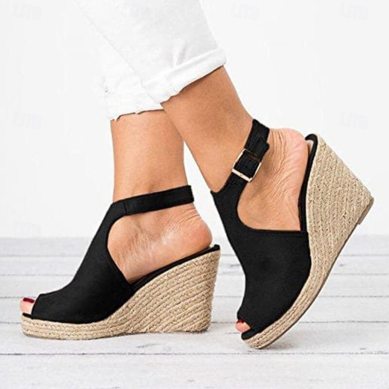 Women's Wedge Sandals Plus Size Outdoor Office Daily Solid Colored Summer Buckle Peep Toe Casual Minimalism Walking Nubuck Faux Suede Buckle Black Pink Blue