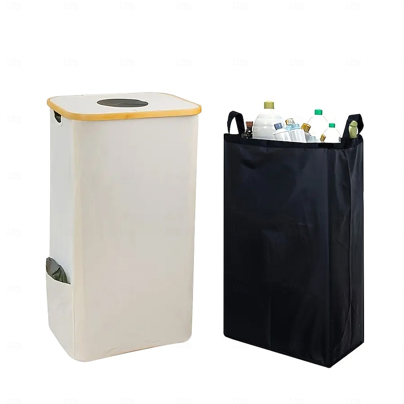 Recycling Bin with Lid and Removable Reusable Inner Bag,100L Bamboo Frame Oxford Fabric Trash Organizer with Odor Control, 4 Support Rods for Kitchen, Camping, Dorm, Office, Travel