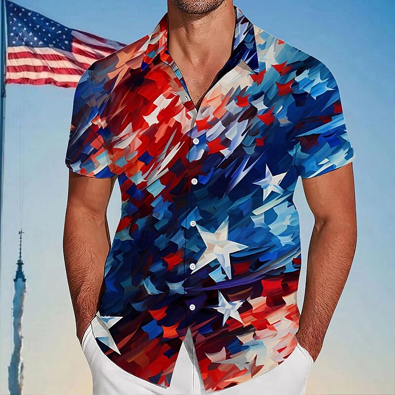 Independence Day Men's US Flag Patriotic Fourth of July Shirt Summer Shirt Button Up Shirt Short Sleeve Fashion Casual Outdoor Holiday Summer Spring Turndown 3D Print Collared Shirts Blue Dark Blue2