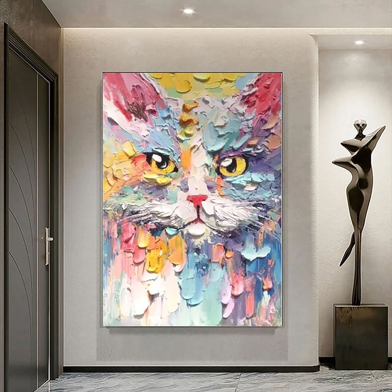 Hand-Painted Whimsical Cat Oil Painting - Vibrant Textured Portrait with Sapphire  Animal oil paintings  Boho Wall Art oil paintings for Living Room bedroom wall Decoration3