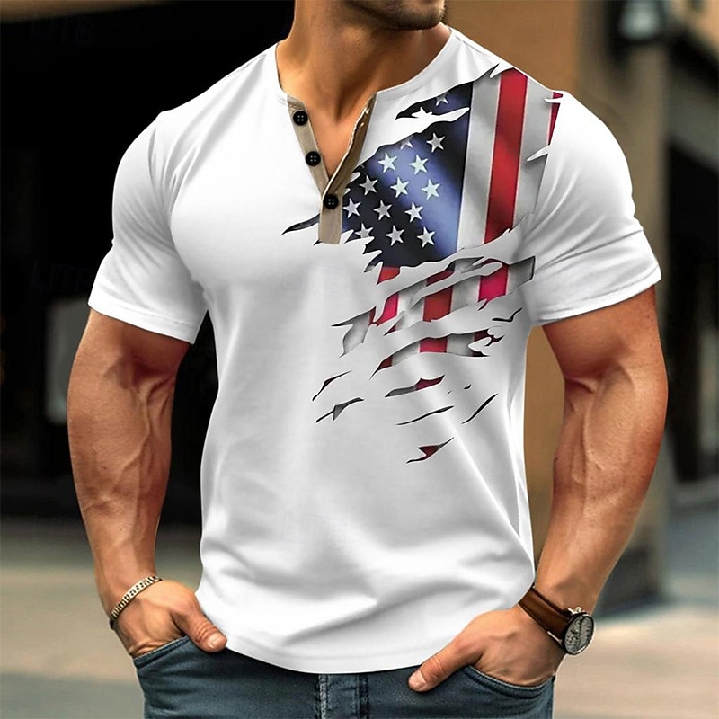 Men's Flag T Shirt Henley Shirt Short Sleeve Designer Retro Vintage Casual Street Casual Daily Summer Spring Black White Green Henley Henley T-Shirt