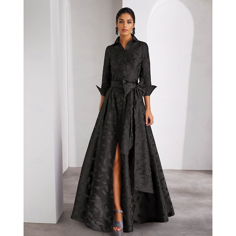 A-Line Mother of the Bride Evening Gown Elegant Dress Formal Wedding Floor Length 3/4 Length Sleeve Shirt Collar Pocket Satin with Floral Print Bow(s) Slit Wedding Guest Dress3