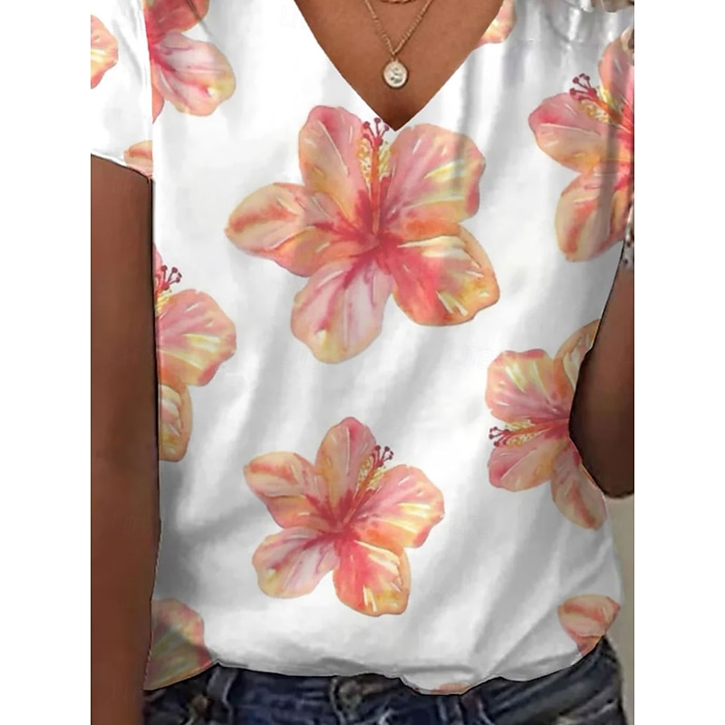 Women's T Shirt Floral Graphic Vintage Stylish Classic Short Sleeve V Neck Regular Tops Daily Print Orange Summer Spring3