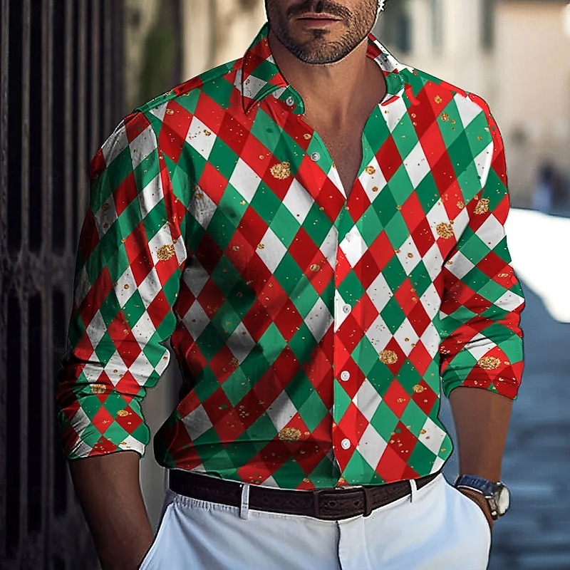 Men's Geometric Color Block Grid / Plaid Shirt Button Up Shirt Casual Dress Shirt Long Sleeve Fashion Casual Formal Vacation Dailywear Summer Spring Turndown 3D Print Collared Shirts Black White Brown