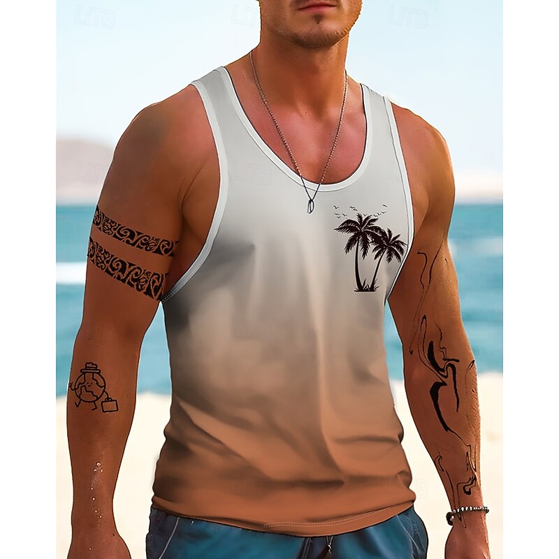 Men's Tank Top Vest Top Undershirt Sleeveless Shirt Sleeveless Crew Neck Summer Gradient Coconut Tree Fashion Designer Basic Print Vacation Street Going out Blue Orange Dark Blue Top Tee for Men4