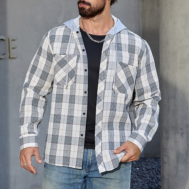 Men's Shirt Jacket Winter Jacket Shacket Plaid / Check Vacation Daily Wear Light Blue Black White Long Sleeve Hooded Winter Autumn / Fall Clothing Apparel Pocket