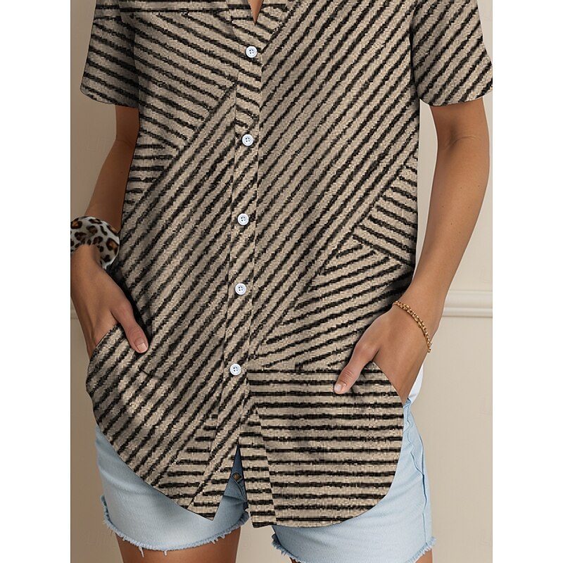 Women's Shirt Long Sleeve Button Down Blouse Graphic Geometric Striped Vintage Tropical Stylish Short Sleeve Shirt Collar Regular Tops Daily Yellow Pink Blue Purple Green Summer Spring3