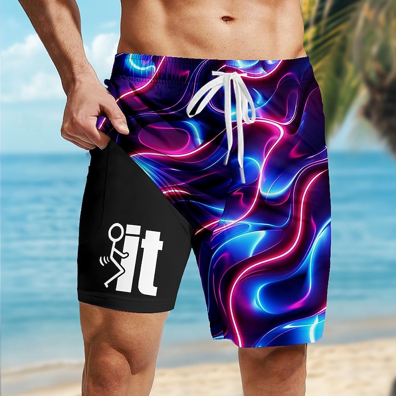 Men's Geometric Lines / Waves Neon Lined Shorts 2 in 1 Board Shorts Swim Shorts Mid Waist Hawaiian Holiday Side Pockets With Compression Liner Elastic Drawstring Waist Designer Clothing Apparel