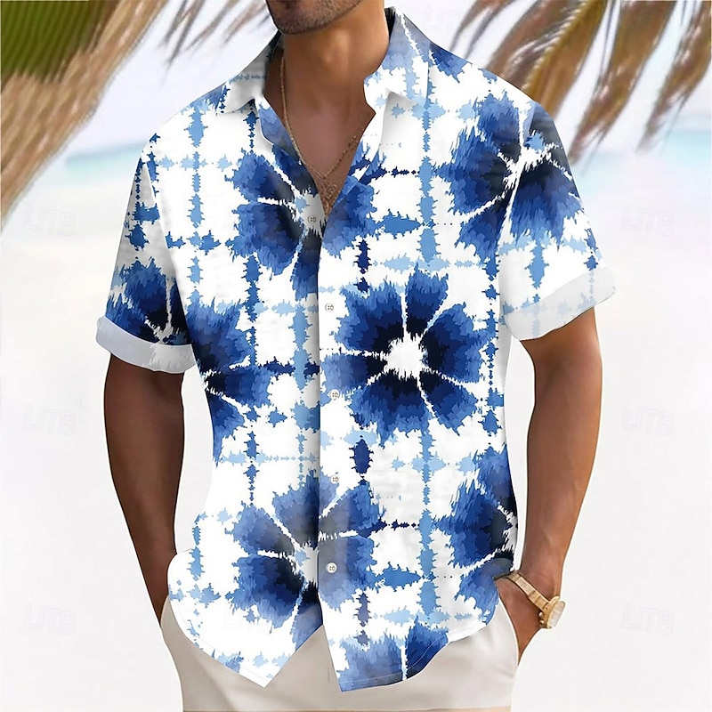 Men's Geometric Grid / Plaid Tie Dye Print Shirt Summer Shirt Button Up Shirt Short Sleeve Fashion Casual Outdoor Vacation Dailywear Summer Spring Turndown 3D Print Collared Shirts White