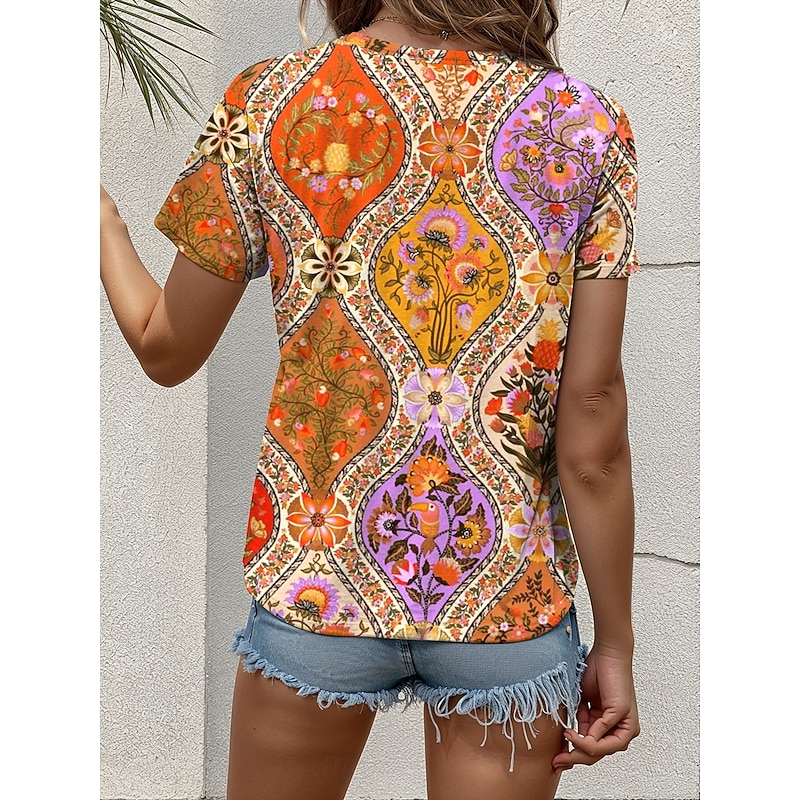 Women's T Shirt Floral Graphic Geometric Vintage Stylish Classic Short Sleeve Crew Neck Regular Tops Daily Weekend Print Blue Fuchsia Orange Summer Spring3