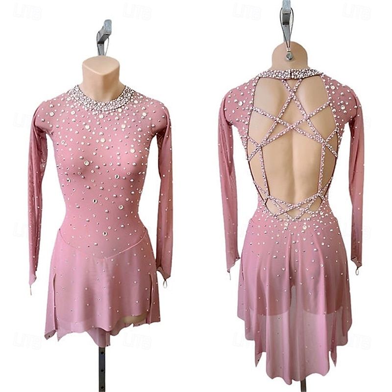 Figure Skating Dress Women's Girls' Ice Skating Dress Pink Patchwork Open Back Mesh High Elasticity Training Competition Skating Wear Classic Crystal / Rhinestone Long Sleeve Ice Skating Figure