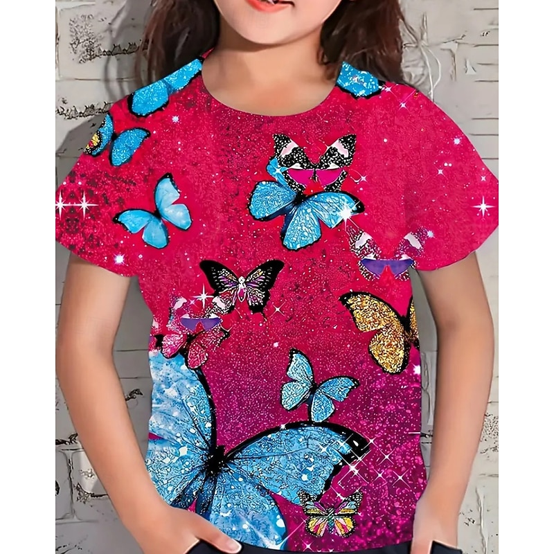 Kids Girls' T shirt Butterfly Outdoor Short Sleeve Crewneck Streetwear 4 years+ Summer Black Red Blue2