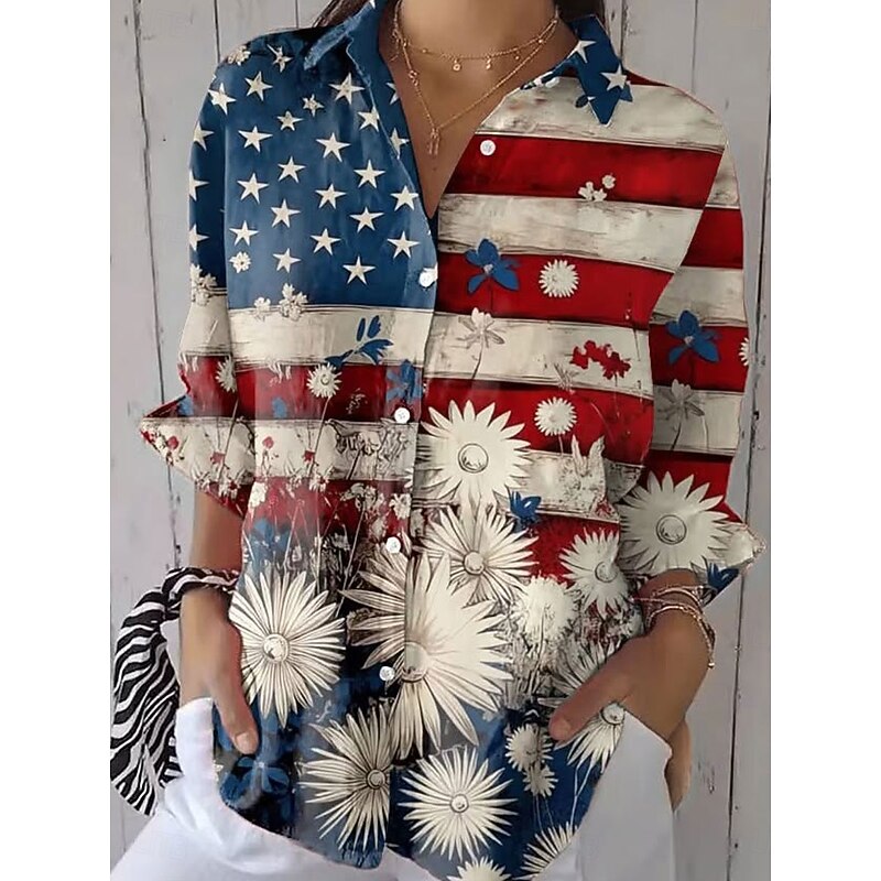 Women's Patriotic Shirt Graphic Flag Vintage Stylish Casual Regular Tops Daily White Red Blue Spring3