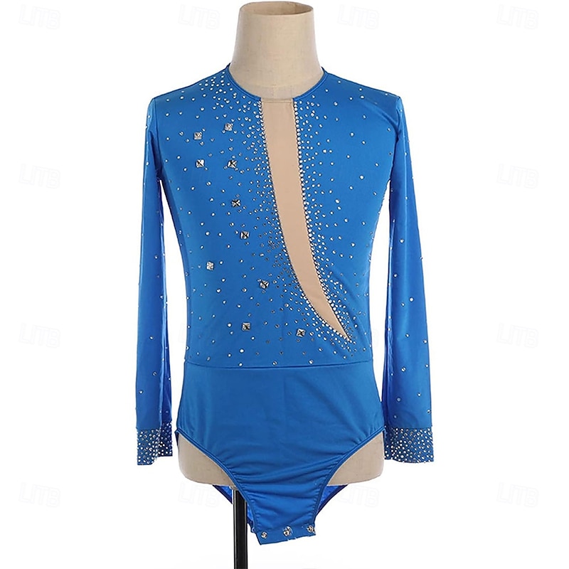 Figure Skating Clothing for Boys And Mens Classic Crew Neck Shiny Rhinestones Figure Skating Performance Competition Gymnastics Costume Kids Adults Long Sleeve Leotard Costume
