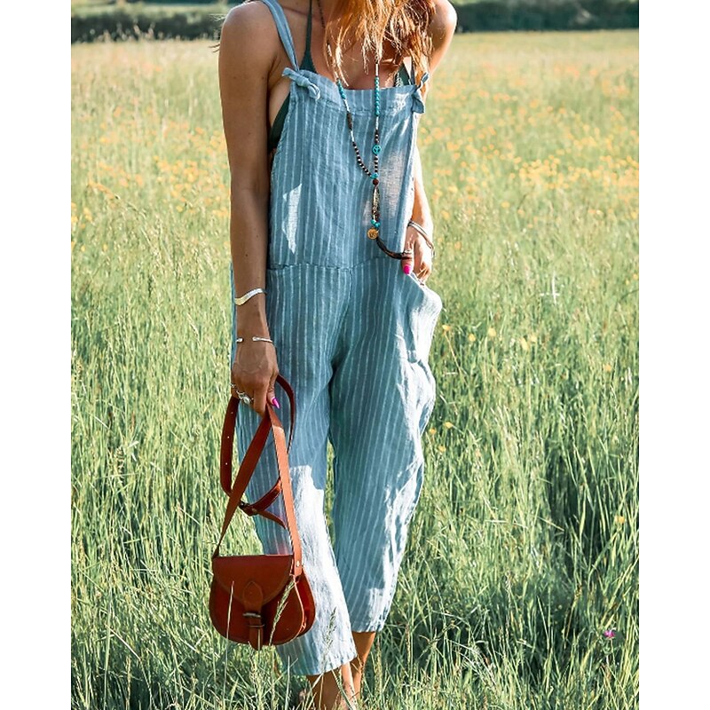 Women's Normal Jumpsuit Streetwear Striped Sleeveless U Neck Pocket Holiday Going out Regular Fit Gray Summer3