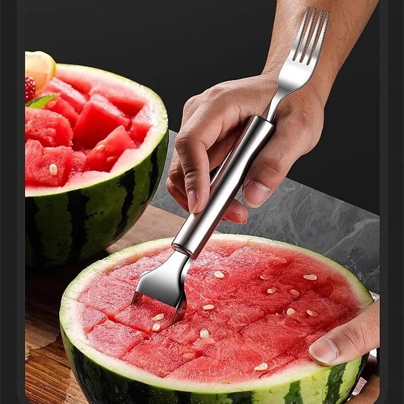 3 pcs Watermelon Knife, Melon Fork, Fruit Tool 2-in-1, Stainless Steel Silver Multiple items, Used for kitchen family camping4