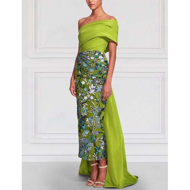 Floral Embroidered Column Evening Gown Elegant Dress Formal Wedding Floor Length Short Sleeve Off Shoulder Satin with Slit2